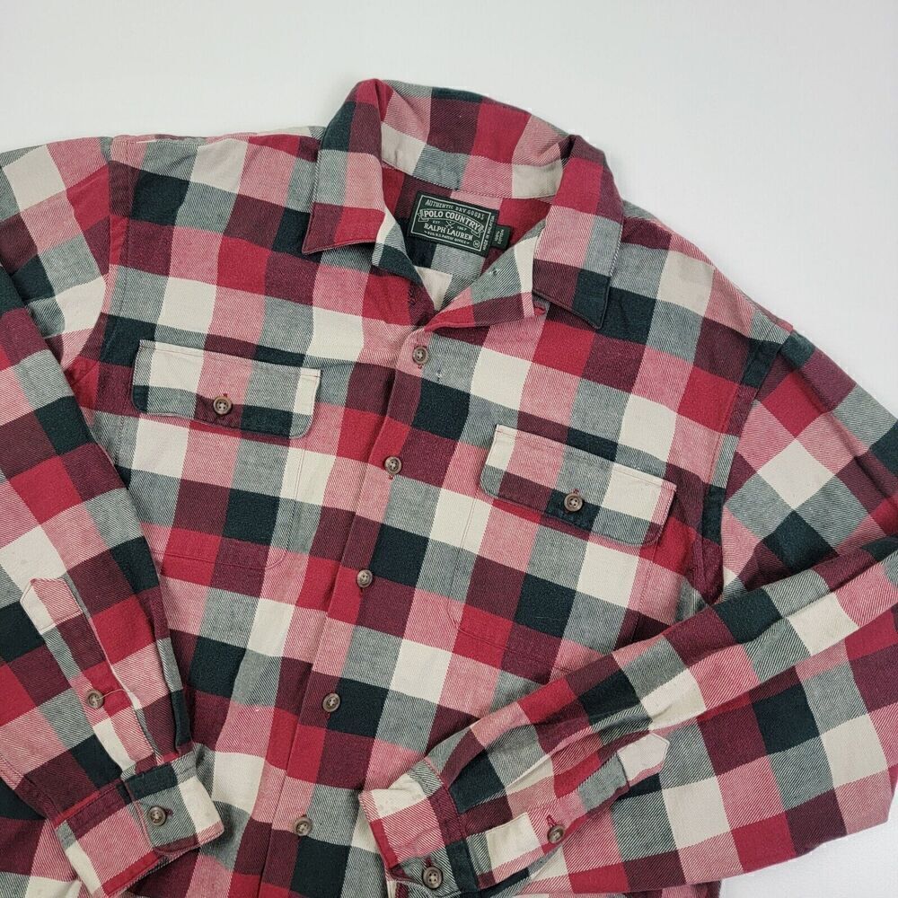 Vtg Ralph Lauren Polo Country (M)‎ Flannel Button Up Cotton Shirt Red Distressed